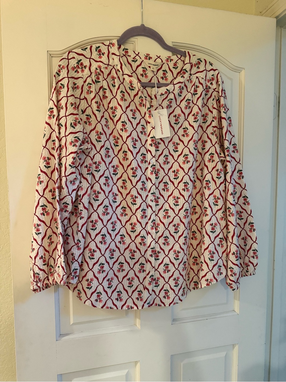 Lucky Brand White Blouse with Red Floral Lattice Print